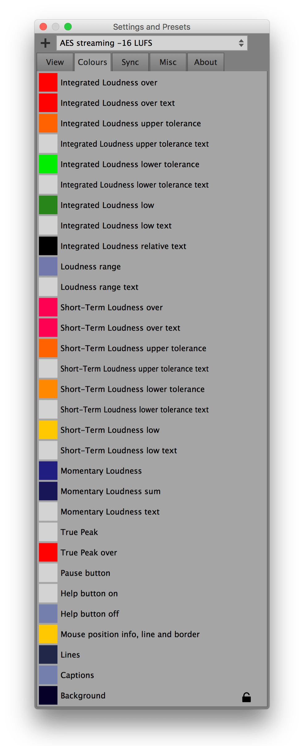Colours settings