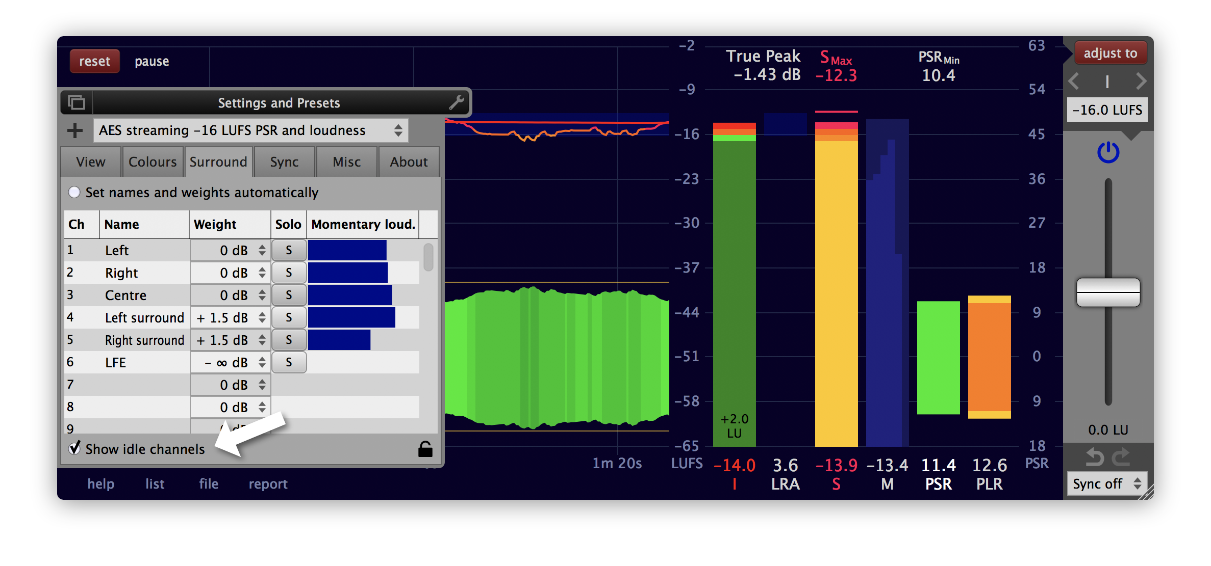 Surround settings show idle channels